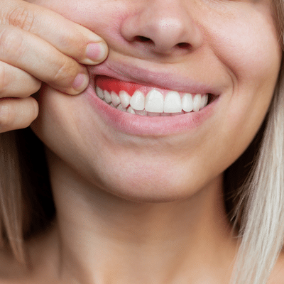Close-up of a patient lifting their lip to reveal healthy gums and teeth, highlighting treatment options for gum disease at ashburn dentistry by design in ashburn, va.