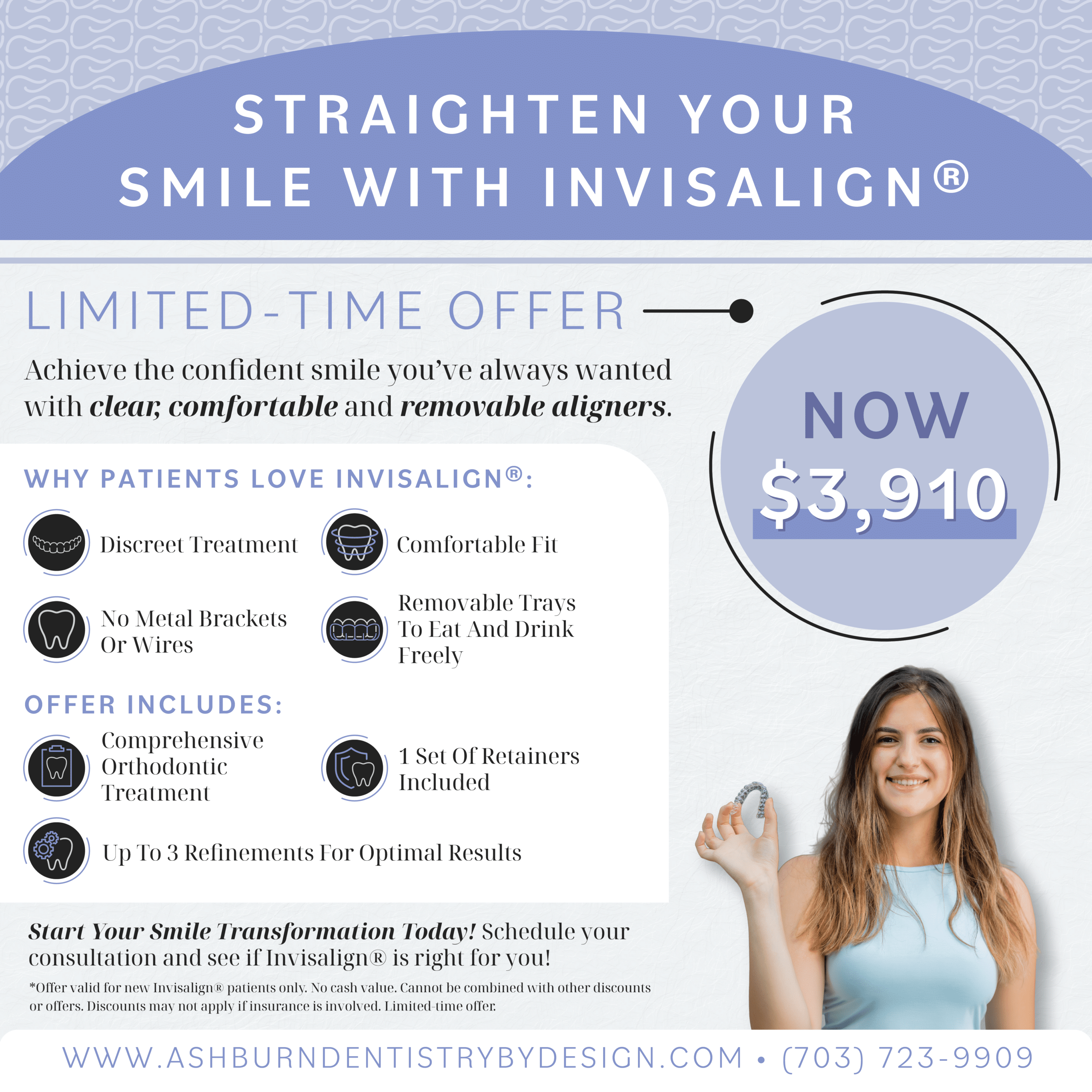 Invisalign clear aligners promotion in ashburn va showing limited-time orthodontic offer for clear, removable aligners at $3,910 with benefits and treatment details